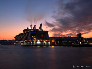 black and white concrete building, sunset, cruise ship, Oasis of the Seas