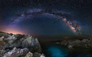 rock cliff with body of water under milky way, starry night, Milky Way, long exposure, rock