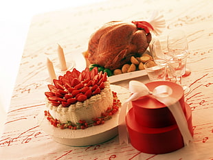 roaster chicken beside strawberry cake HD wallpaper