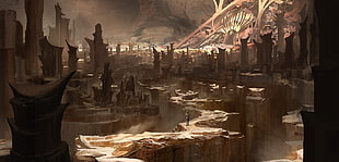 brown rock formations, digital art, fantasy art, valley, futuristic city