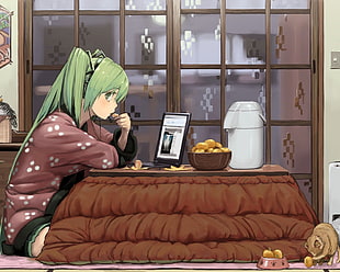 anime character sitting near table with laptop HD wallpaper