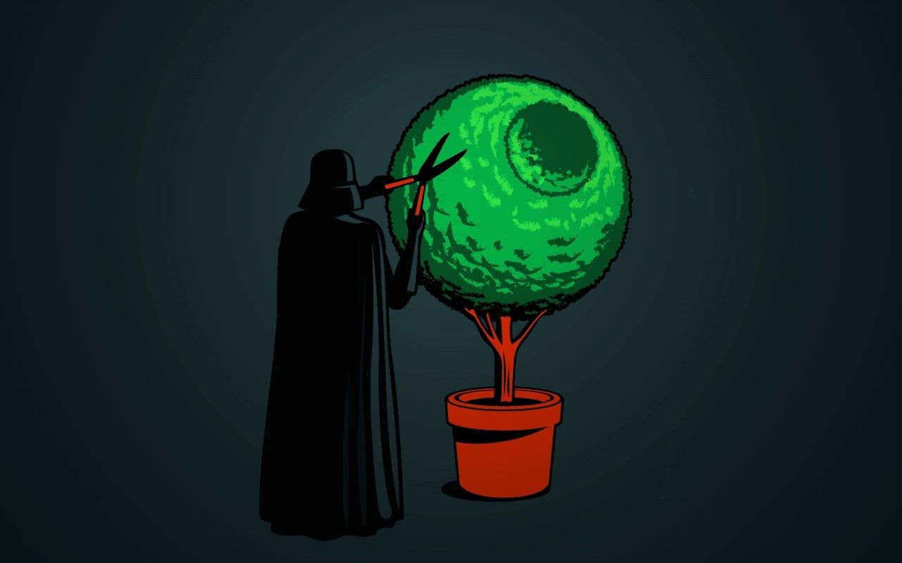 Darth Vader trimming plant artwork, Darth Vader, Death Star, humor, Star Wars