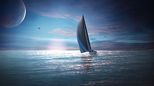 gray and blue sailboat, nature, boat, sea, digital art HD wallpaper