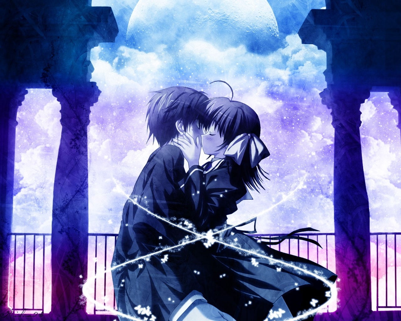 male and female kissing anime character