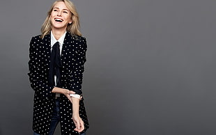 woman wearing black and white dotted print coat HD wallpaper
