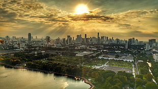 aerial view of city buildings during yellow sunset, bangkok HD wallpaper