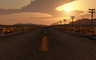 gray asphalt road, road, sunset, landscape HD wallpaper