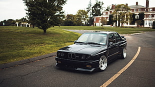 black BMW sedan, car, BMW, BMW E30, vehicle