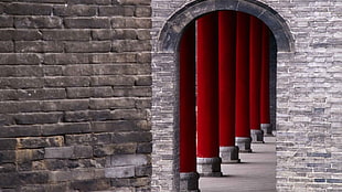 photography of red concrete pillars