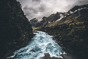 river stream under cloudy sky during daytime, nature, mountains, water, forest