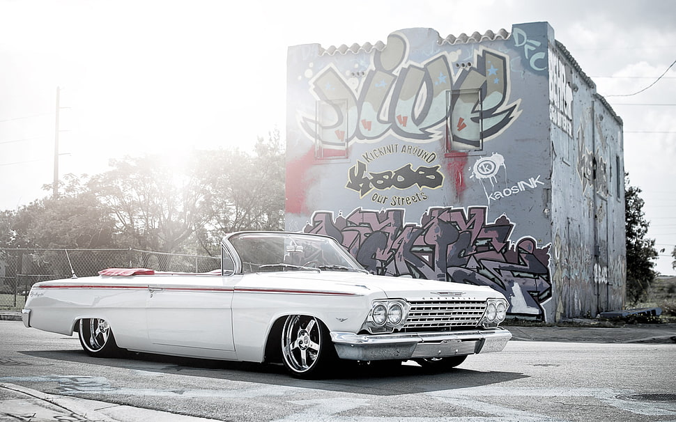 classic white convertible coupe, car, Cabrio, Chevrolet Impala, lowrider HD wallpaper