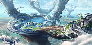 tree with buildings illustration, digital art, Zeppelin, sky, trees HD wallpaper