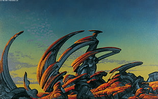 orange and black rock formation, Roger Dean, artwork