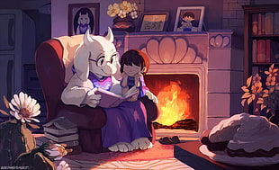 toddler sitting beside white animal reading book anime illustration, Undertale, Toriel, artwork, flowers HD wallpaper