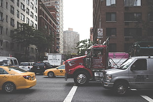 red truck, city, car, vehicle, trucks HD wallpaper
