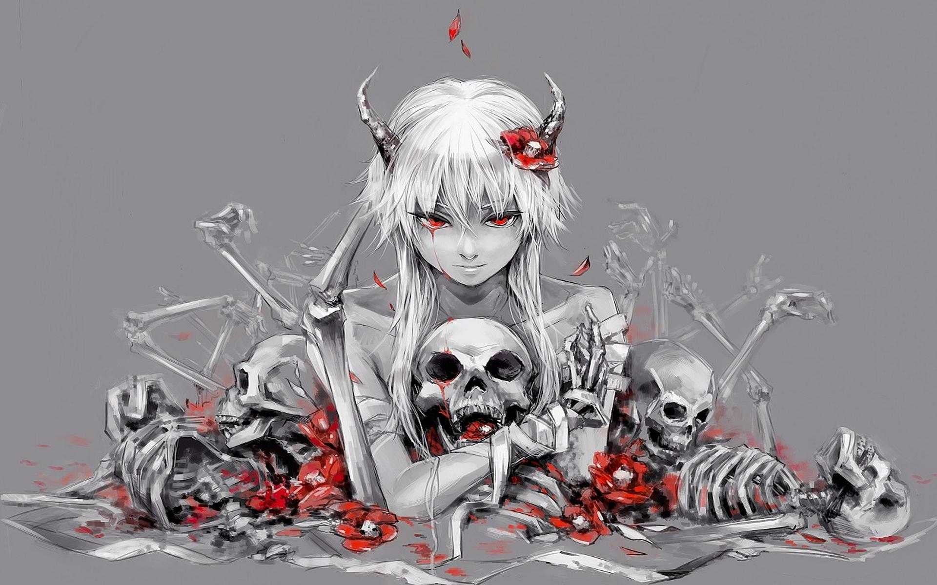 anime character digital wallpaper, fantasy art, bones, skull and bones, Mirai Nikki