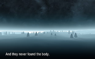 pine trees with and they found the body text overlay, fuckscape, landscape, winter HD wallpaper