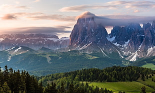 snow covered mountains and forest during daytime, Alps, mountains, sunset, forest