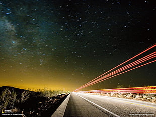red and white wooden board, National Geographic, road, light trails