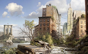 Empire State Building, New York painting, apocalyptic, building, bridge, dystopian HD wallpaper