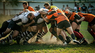 men's orange-and-black jerseys, rugby, sports, Scrum HD wallpaper