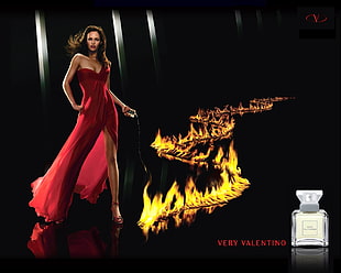woman wearing red one-shoulder dress stand near illustration of fire HD wallpaper