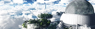 green trees, multiple display, clouds, digital art, futuristic city