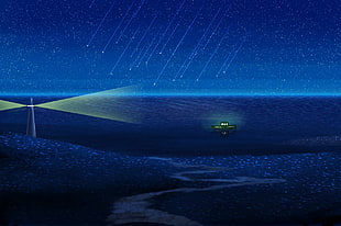 boat near lighthouse, anime, artwork, stars, lighthouse