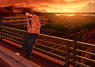 black haired male in brown zipped jacket and black pants leaning on handrail anime during sunset HD wallpaper