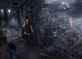 female anime character standing near wall wallpaper, futuristic, anime, anime girls, cityscape