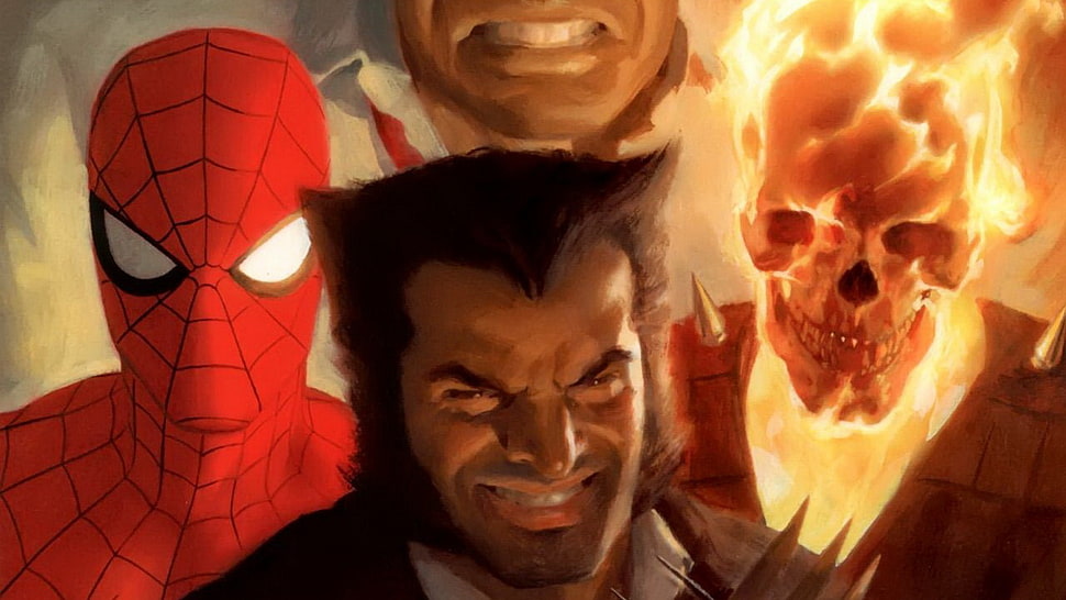 Ghost Rider, Wolverine, and Spider-Man painting, comics, Wolverine, Spider-Man, Ghost Rider HD wallpaper
