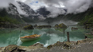 white paddle boat, nature, landscape, water, rock HD wallpaper