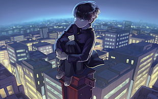 boy sitting on top of building wallpaper, Mob Psycho 100, Kageyama Shigeo, cityscape HD wallpaper