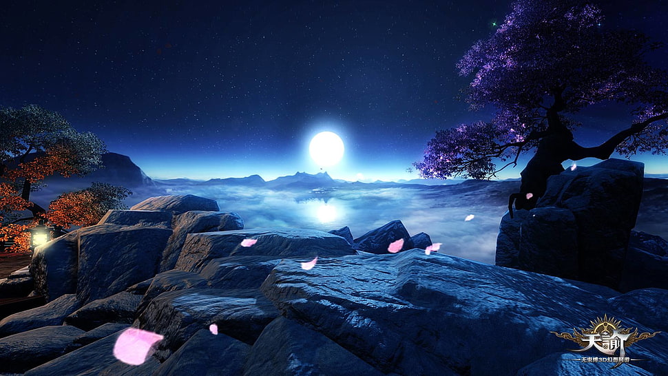 purple petaled flowers, Revelation Online, landscape, Moon HD wallpaper
