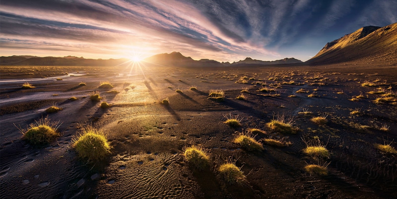 green shrub and mountains, sunset, mountains, desert, clouds