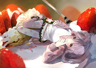 purple-haired female anime character, strawberries, Yuzuki Yukari, Vocaloid HD wallpaper