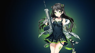 black-haired girl with black mini dress holding gray fully-automated gun illustration HD wallpaper