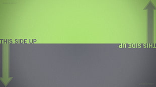 green and gray this side up text on green and gray background, minimalism, typography, arrows (design) HD wallpaper