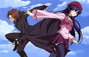 purple haired female anime character and brown haired male anime character HD wallpaper