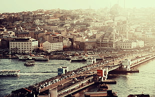 brown concrete bridge, cityscape, bridge, building, river