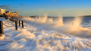 raging wave, cityscape, sea, waves, horizon