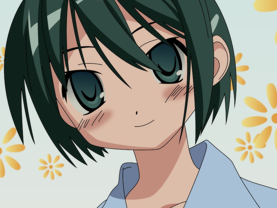 green haired anime character wearing blue top illustration HD wallpaper