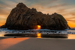 brown rock formation, nature, landscape, sunset, beach