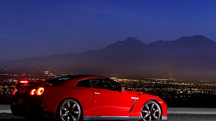red coupe, Nissan, Nissan GT-R, night, car