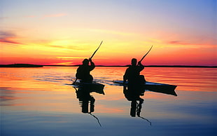 two sailboats, landscape, sunset, lake, canoes HD wallpaper