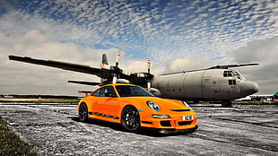 orange sport car, car, Porsche, orange cars, aircraft HD wallpaper
