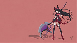 illustration of female anime character holding purple and gray battleaxe
