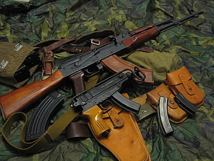 two brown assault rifles, gun, ammunition, Škorpion vz. 61, AKM HD wallpaper