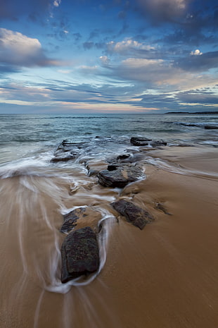 seashore under gray cloudy sky HD wallpaper