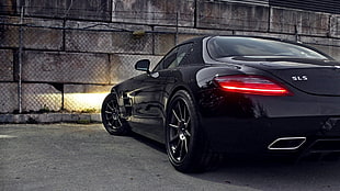 parked black coupe, Mercedes-Benz, supercars, Mercedes SLS, car